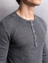 Black Acid Washed Ribbed Longsleeve Henley Tshirt T-Shirts Fugazee 