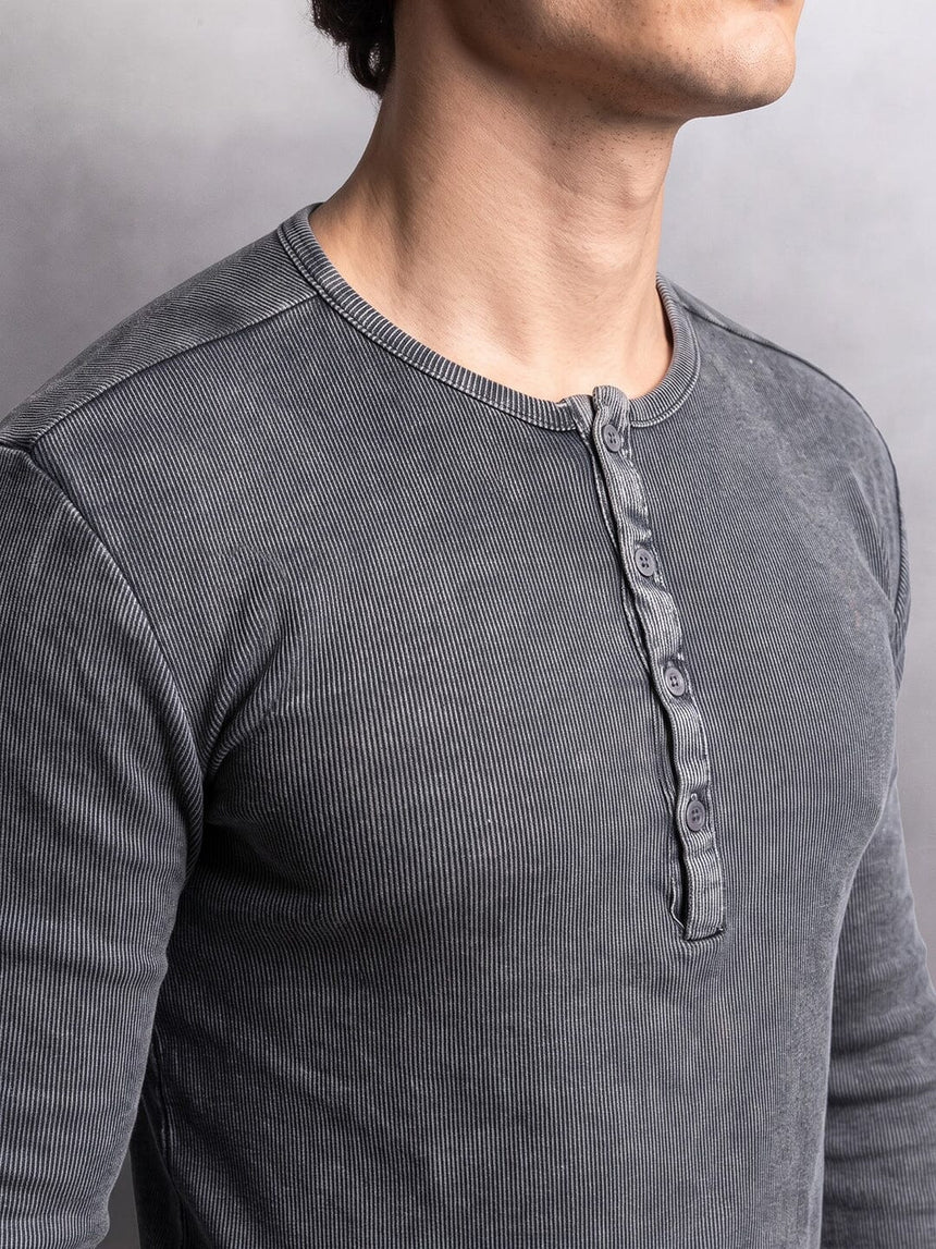 Black Acid Washed Ribbed Longsleeve Henley Tshirt T-Shirts Fugazee 