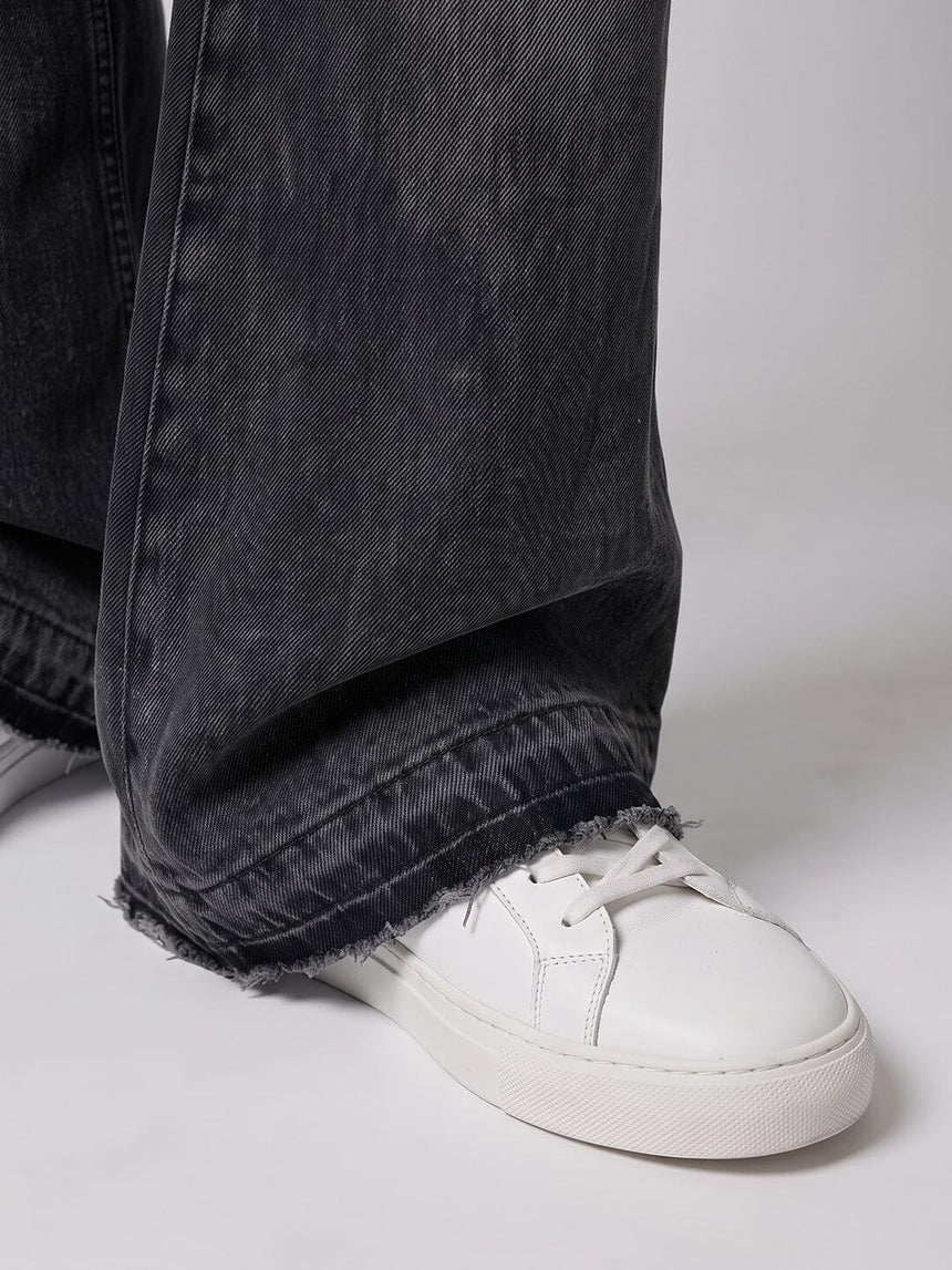 Black Washed Flared Raw Edge Denim Jeans Fugazee 