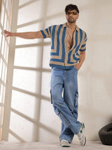 Beige & Blue Striped Crochet Knitted Shirt Shirts Fugazee 