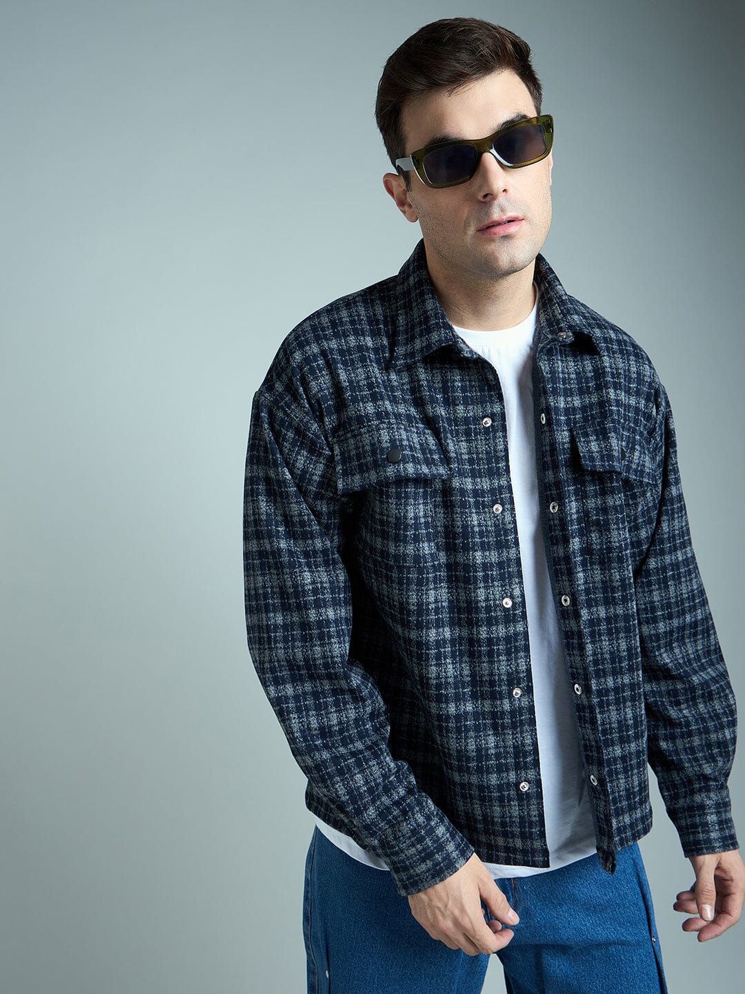 Charcoal & Navy Checkered Tweed OverShirt | Buy Men OverShirt