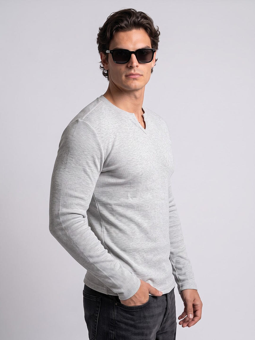 Grey Melange Notch Neck Ribbed Longsleeve Tshirt T-Shirts Fugazee 