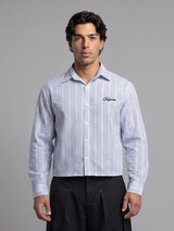 Airy Blue Seersucker Striped Cropped Shirt Shirts Fugazee 