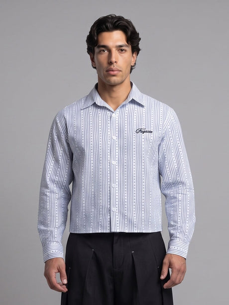 Airy Blue Seersucker Striped Cropped Shirt Shirts Fugazee 