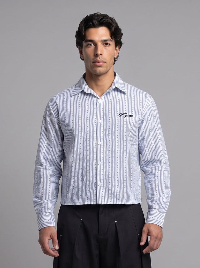 Airy Blue Seersucker Striped Cropped Shirt Shirts Fugazee 