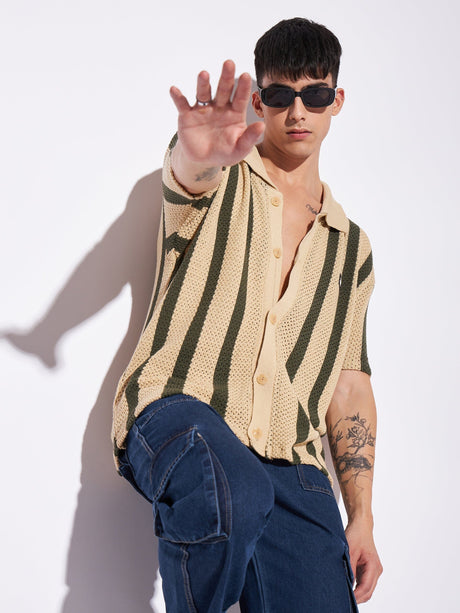 Camel Stripes Crotchet Knitted Shirt Shirts Fugazee 