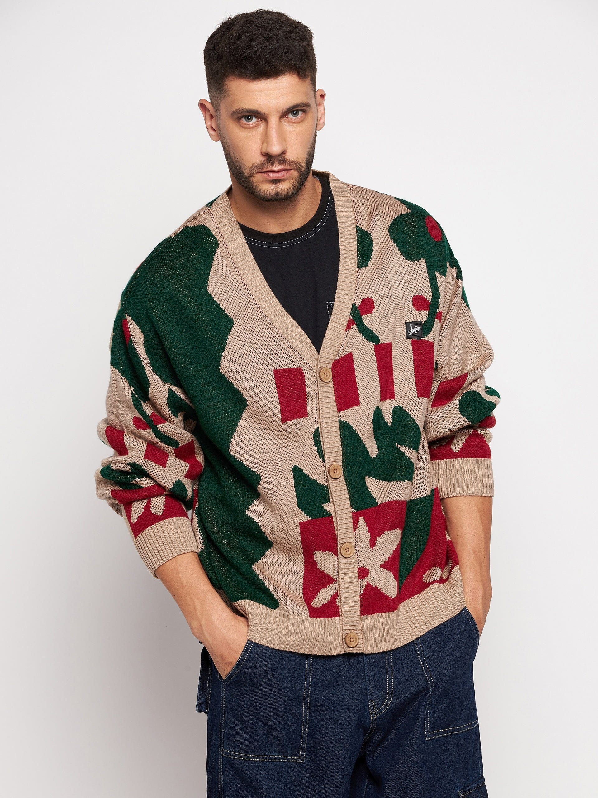 Beige Abstract Oversized Cardigan | Buy Mens Sweaters | Fugazee