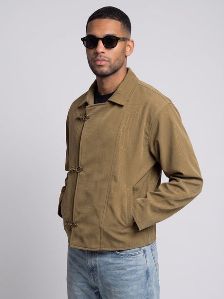 Tan Croc Textured Fireman Clasp Harrington Jacket Jackets Fugazee 