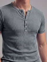 Acid Washed Ribbed Henley Short Sleeves Tshirt T-Shirts Fugazee 