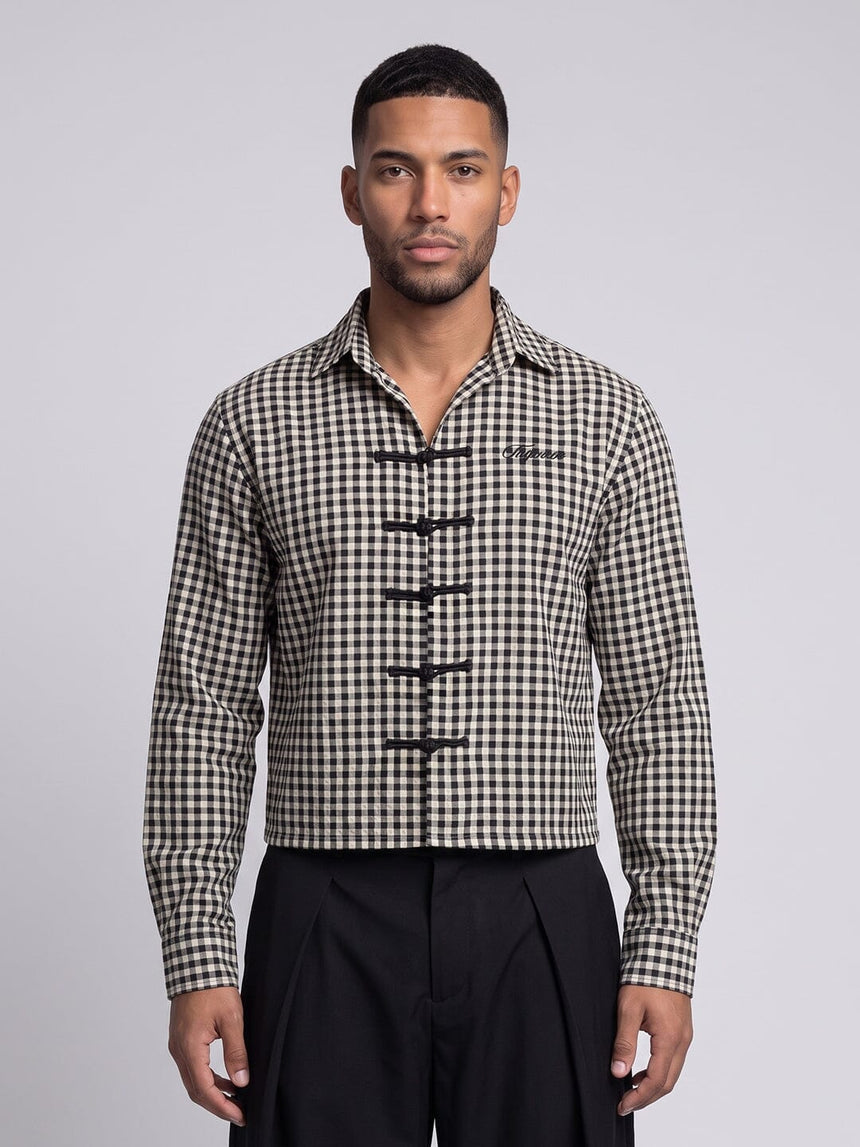 Black Checkered Frog Knot Buttoned Cropped Shirt Shirts Fugazee 