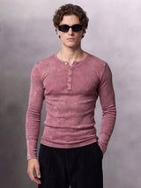 Crimson Acid Washed Ribbed Longsleeve Henley Tshirt T-Shirts Fugazee 