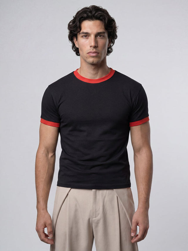 Black Contrast Ringer Cropped T-Shirt For Men