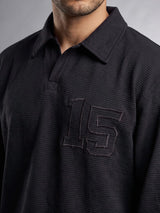 Black Textured Applique Longsleeves Polo Tshirt T-Shirts Fugazee 