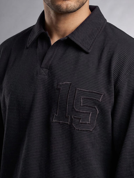 Black Textured Applique Longsleeves Polo Tshirt T-Shirts Fugazee 