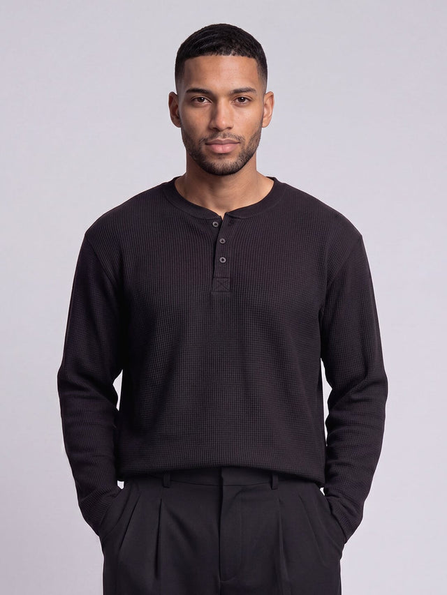 Men Waffle Knit Relaxed Henley Tshirt