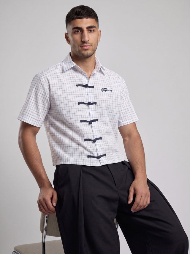 White Grid Checks Frog Knot Cropped Shirt Shirts Fugazee 