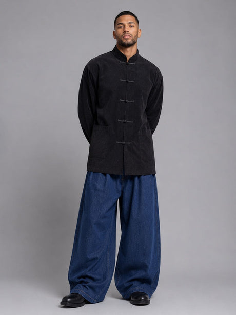 Black Mandarin Frog Buttoned Longline Shirt Shirts Fugazee 