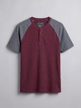 Grey And Maroon Ribbed Raglan Short Sleeve Henley Tshirt T-Shirts Fugazee 