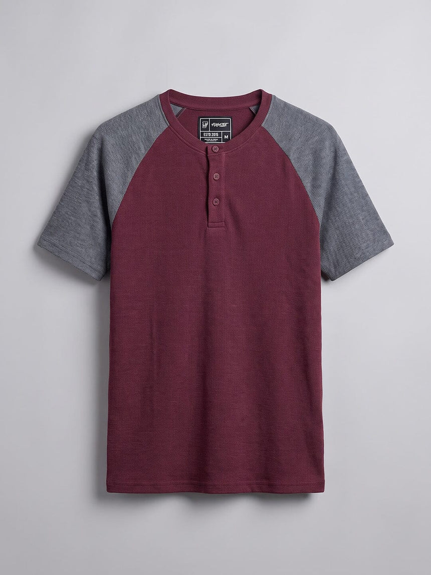 Grey And Maroon Ribbed Raglan Short Sleeve Henley Tshirt T-Shirts Fugazee 