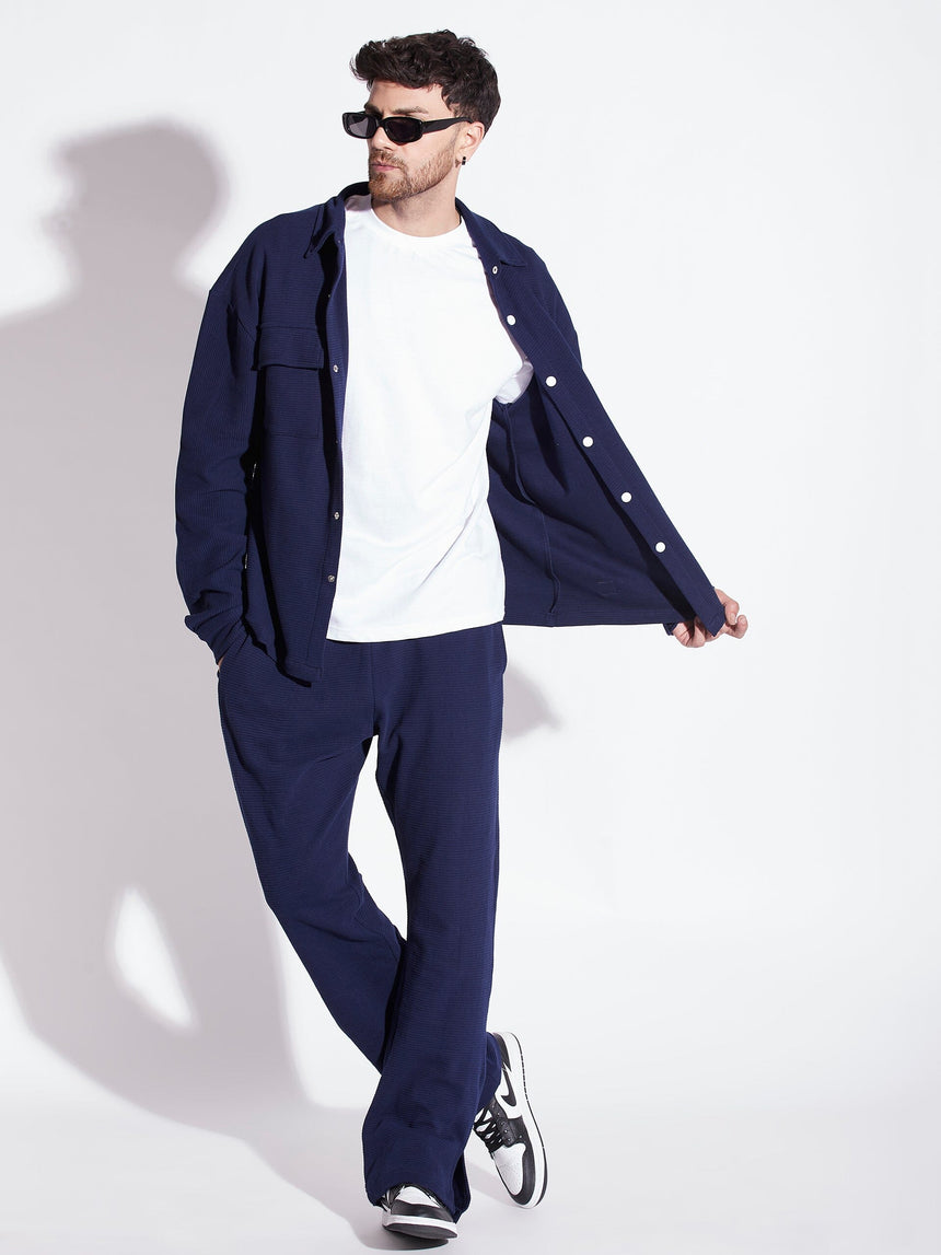 Navy Pleated OverShirt And Pants Combo Set Clothing Set Fugazee 