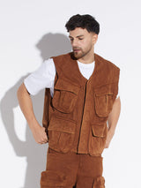 Brown Wash Denim Utility Sleeveless Jacket Jackets Fugazee 