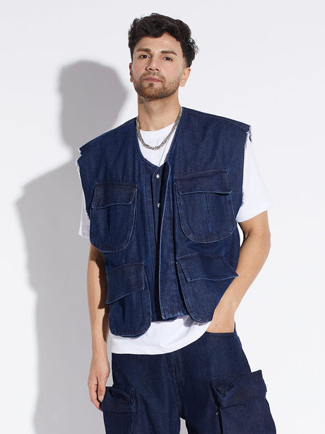 Dark Wash Denim Utility Sleeveless Jacket Jackets Fugazee 