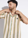 Beige And Olive Striped Lace Cuban Shirt