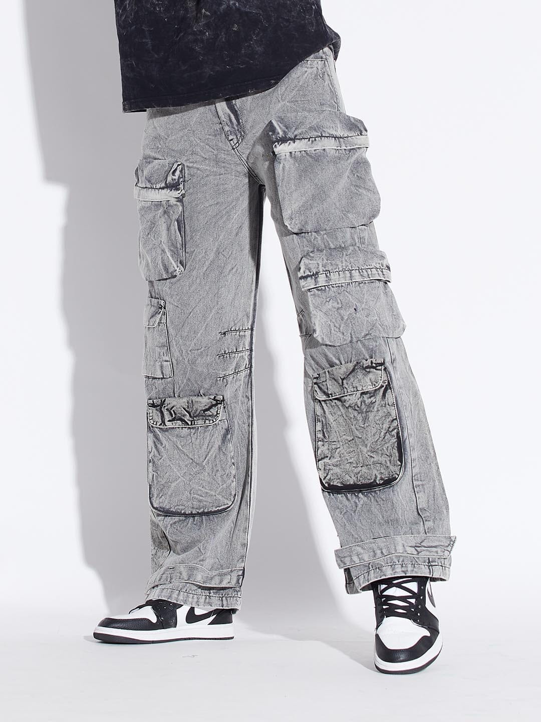Fashion Mens Denim Cargo Pants Loose Jeans Overalls Pockets Work Casual  Trousers | eBay