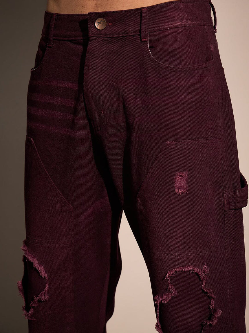 Burgundy Carpenter Distressed Denim Jeans Fugazee 