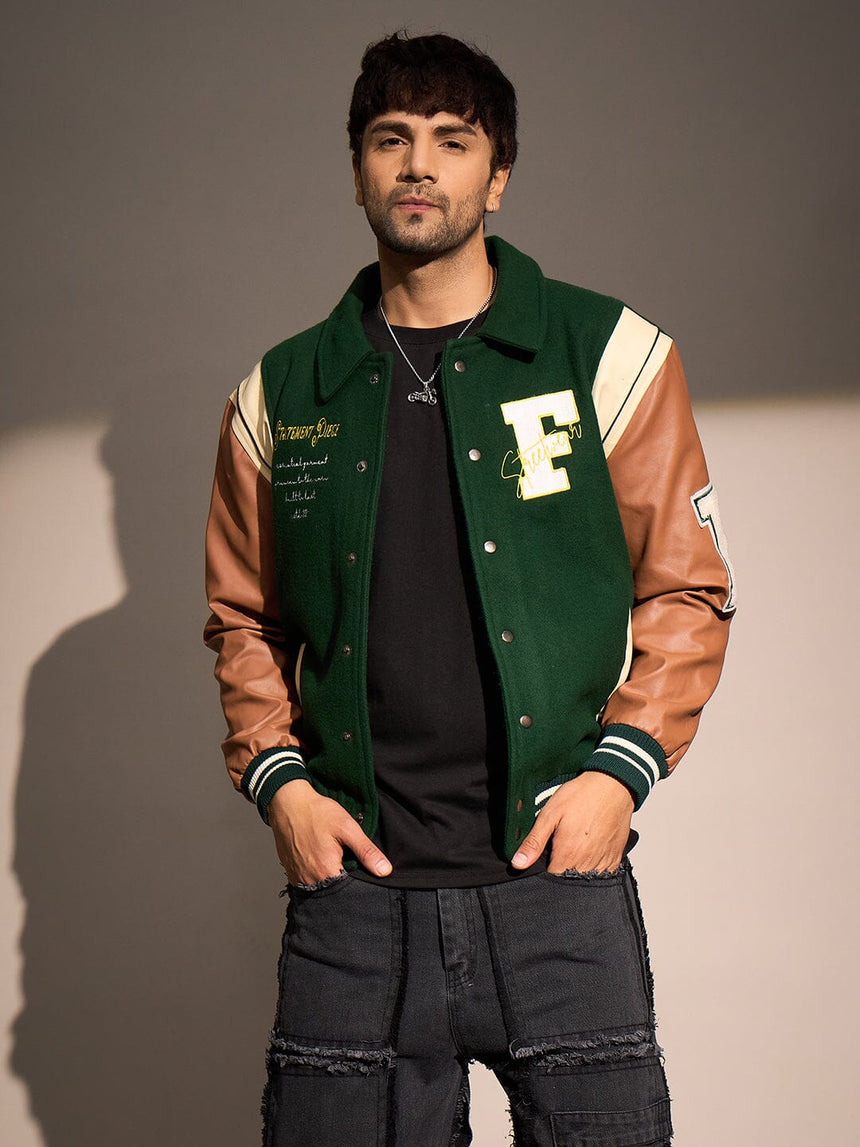 Green Statement Woollen Varsity Jacket Buy Men Jacket Fugazee FUGAZEE green-statement-woollen-varsity-jacket-buy-men-jacket-fugazee-fugazee
