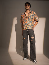 Orange Floral Print Cropped Shirt Shirts Fugazee 