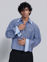 Cobalt Blue Striped Double Collared Cropped Shirt Shirts Fugazee 