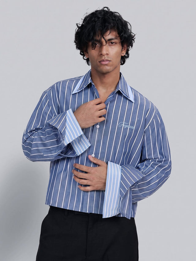 Cobalt Blue Striped Double Collared Cropped Shirt Shirts Fugazee 