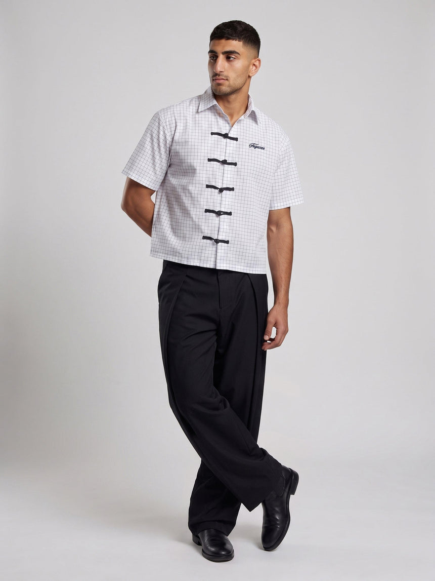 White Grid Checks Frog Knot Cropped Shirt Shirts Fugazee 