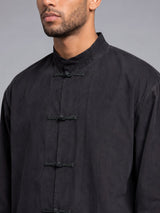 Black Mandarin Frog Buttoned Longline Shirt Shirts Fugazee 