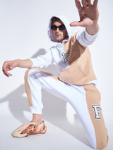 White & Beige Cut Sew Matching Tracksuit Tracksuits Fugazee 