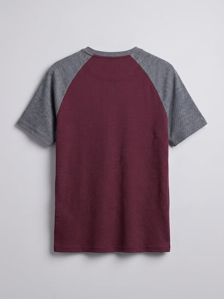 Grey And Maroon Ribbed Raglan Short Sleeve Henley Tshirt T-Shirts Fugazee 