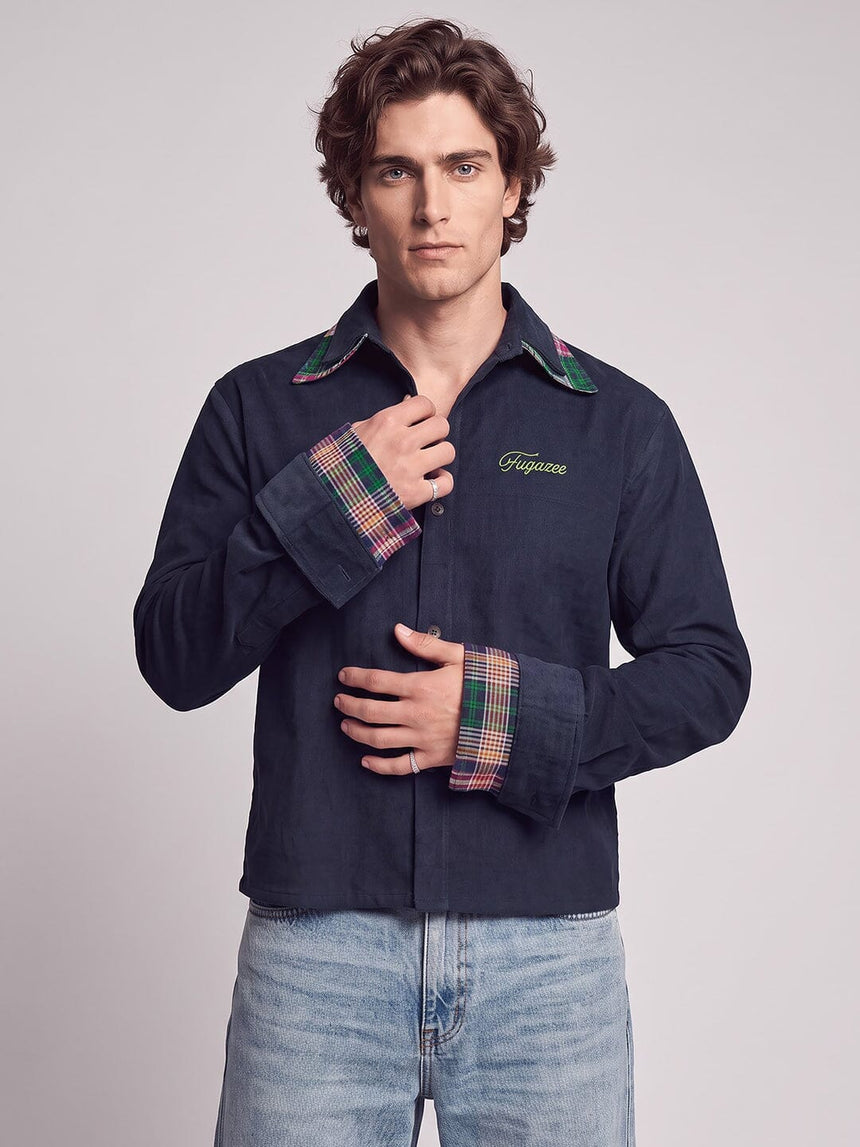Navy Corduroy Double Collared Cropped Shirt Shirts Fugazee 