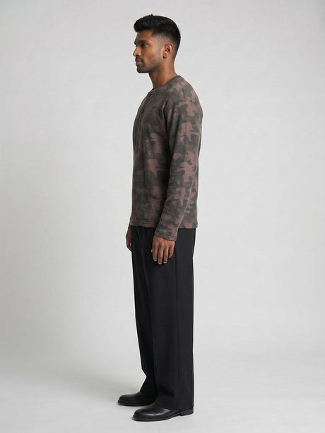 Brown Camo Waffle Relaxed Fit Henley Tshirt T-Shirts Fugazee 