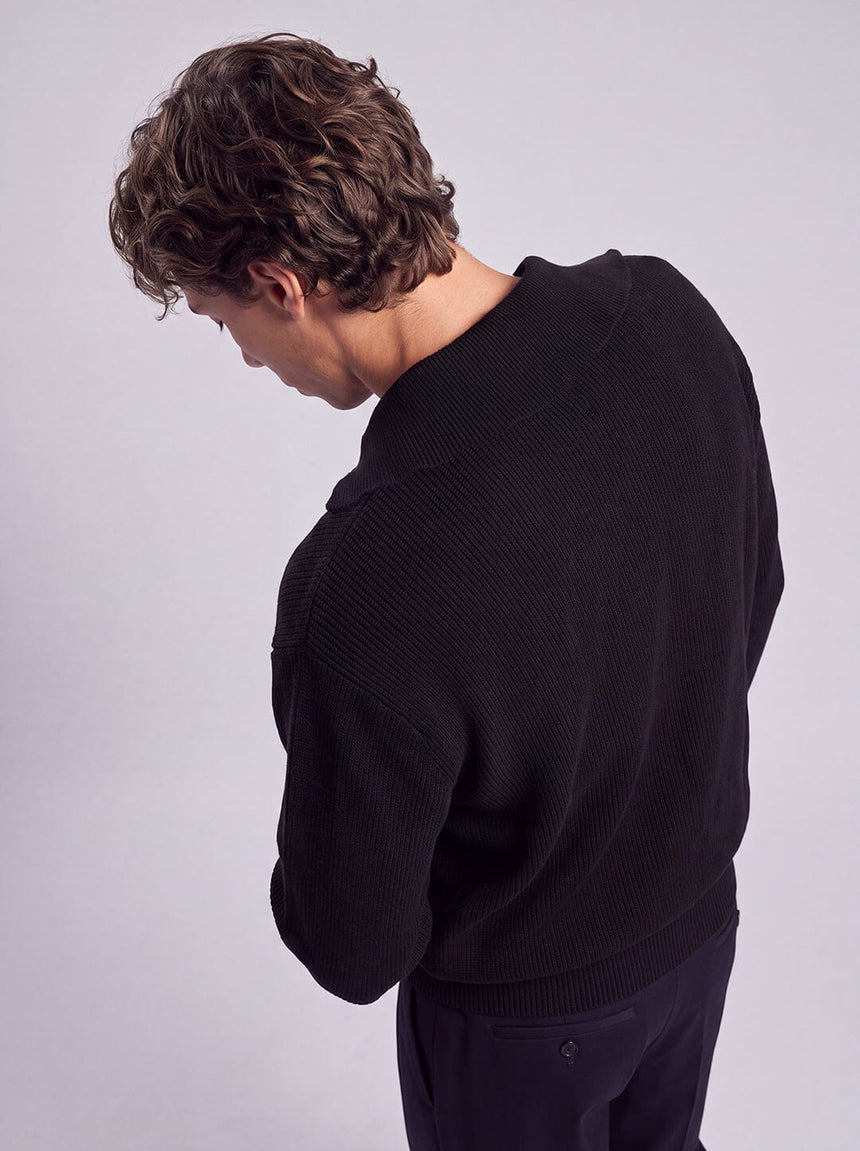 Black Heavy Knit Polo Sweater Sweaters Fugazee 