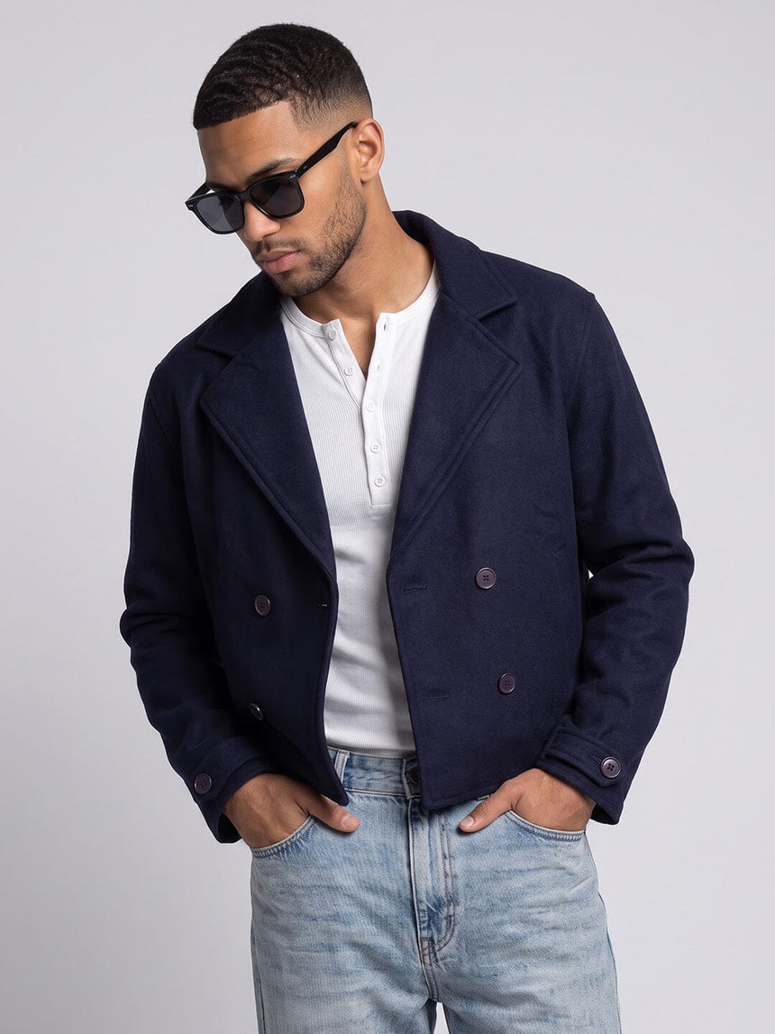 Navy Woollen Cropped Trench Blazer Blazer Fugazee 