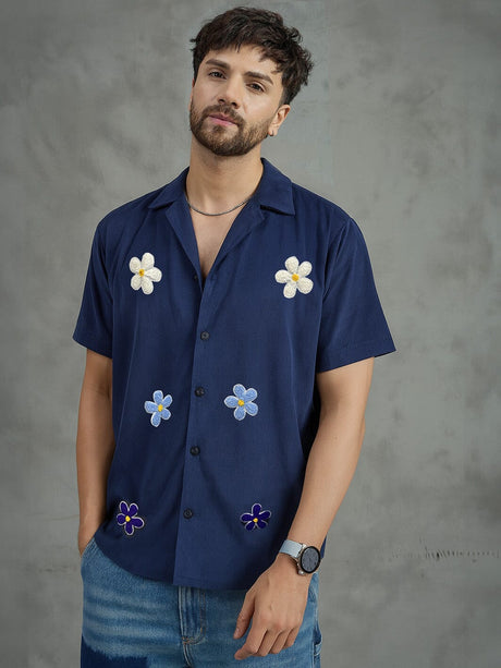 Navy Floral Applique Corduroy Shirt Shirts Fugazee 