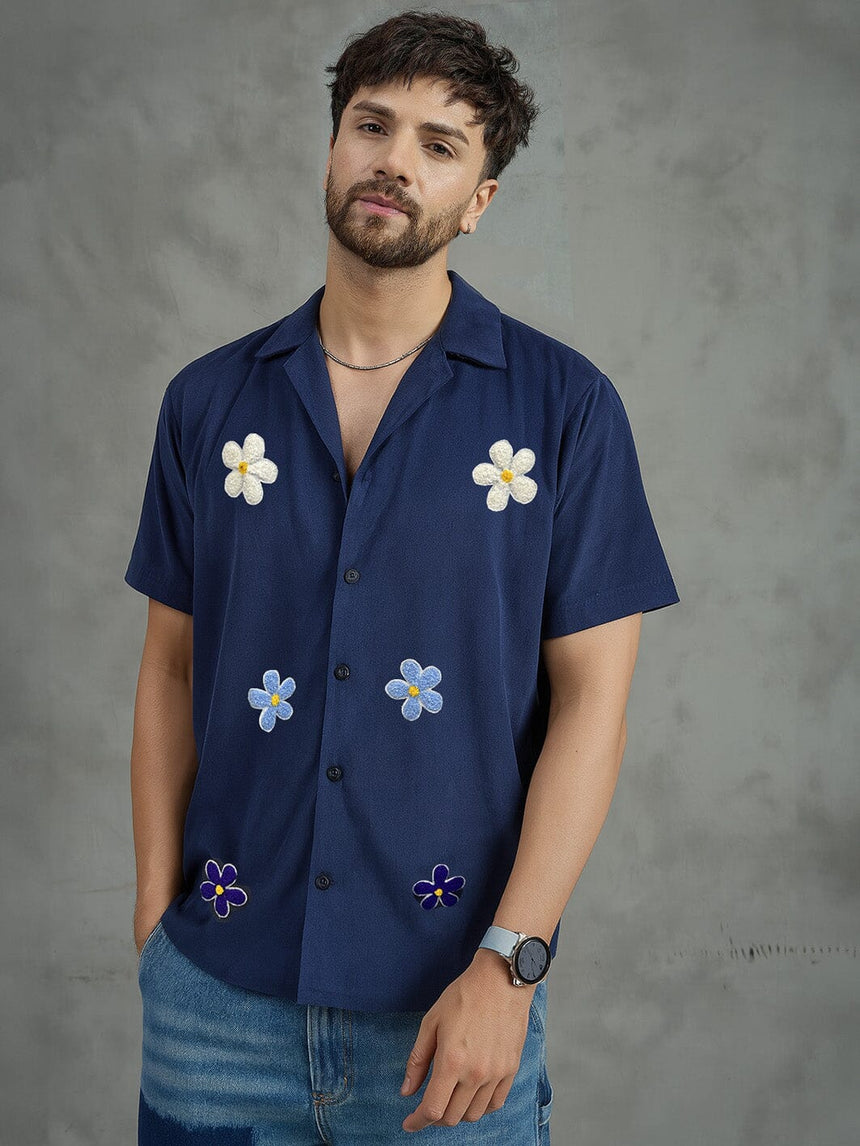 Navy Floral Applique Corduroy Shirt Shirts Fugazee 