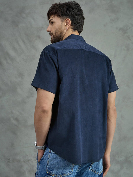 Navy Floral Applique Corduroy Shirt Shirts Fugazee 
