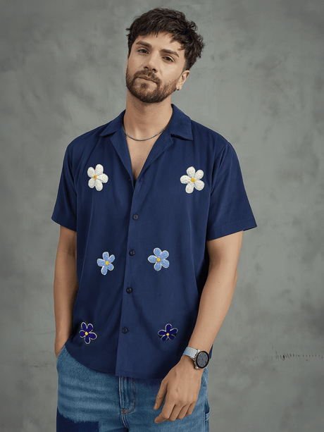 Navy Floral Applique Corduroy Shirt Shirts Fugazee 