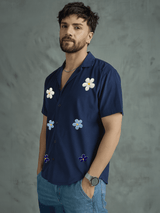 Navy Floral Applique Corduroy Shirt Shirts Fugazee 