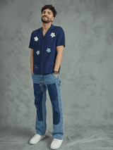 Navy Floral Applique Corduroy Shirt Shirts Fugazee 