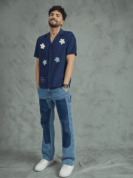 Navy Floral Applique Corduroy Shirt Shirts Fugazee 