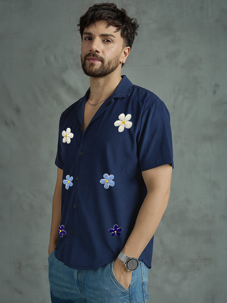 Navy Floral Applique Corduroy Shirt Shirts Fugazee 