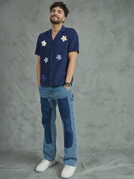Navy Floral Applique Corduroy Shirt Shirts Fugazee 